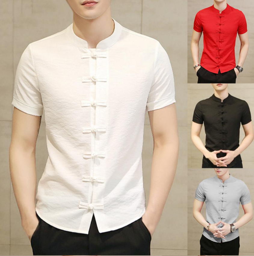 Tradictional Chinese Clothing For Men short Sleeve Cotton Linen Chinese Style Shirts Kung Fu Tai Chi Tang Suit Style Tops CN-026
