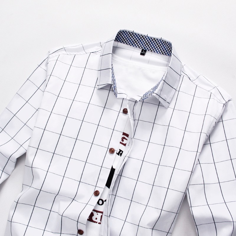 Plaid Shirt Men Long Sleeve Slim Fit White M-5XL 100% Cotton Dress Shirts Male Clothes Social Vintage Summer Casual Shirts Men