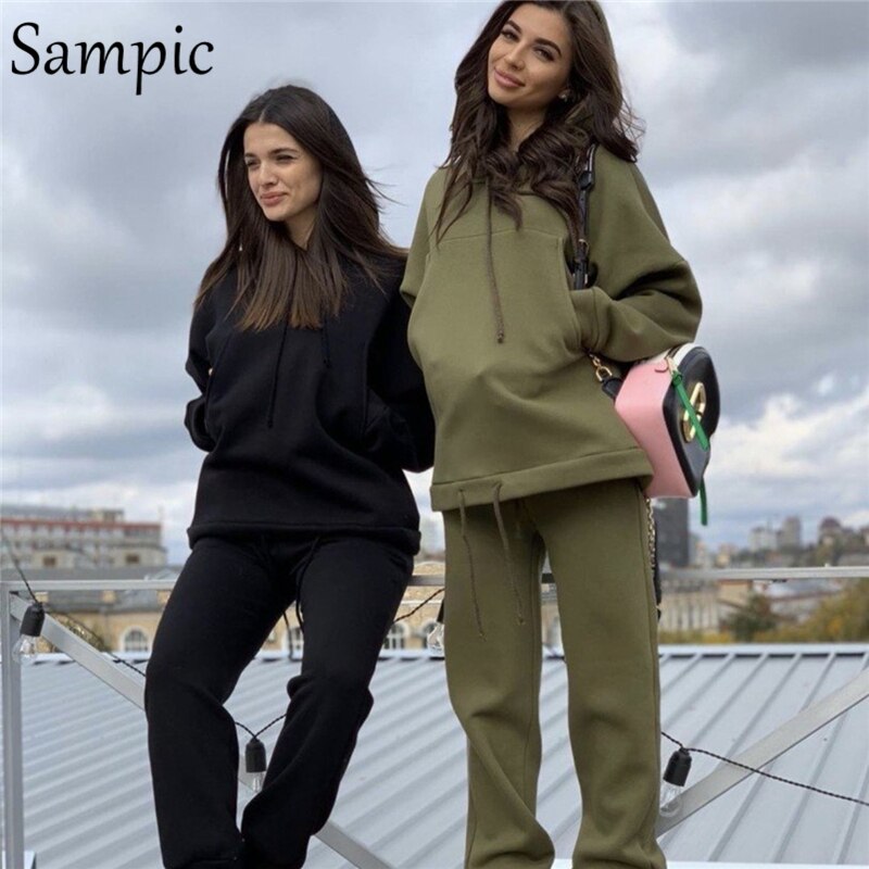 Sampic Autumn Winter Sport Tracksuit Women Hoodies Set Long Sleeve Loose Oversized Shirt Tops And Pants Suit Two Piece Set