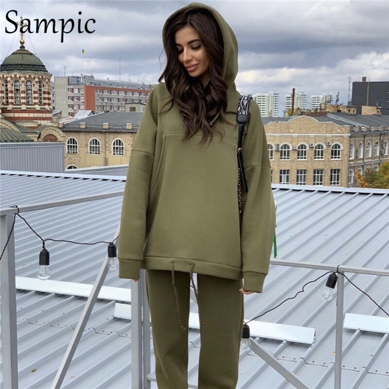 Sampic Autumn Winter Sport Tracksuit Women Hoodies Set Long Sleeve Loose Oversized Shirt Tops And Pants Suit Two Piece Set