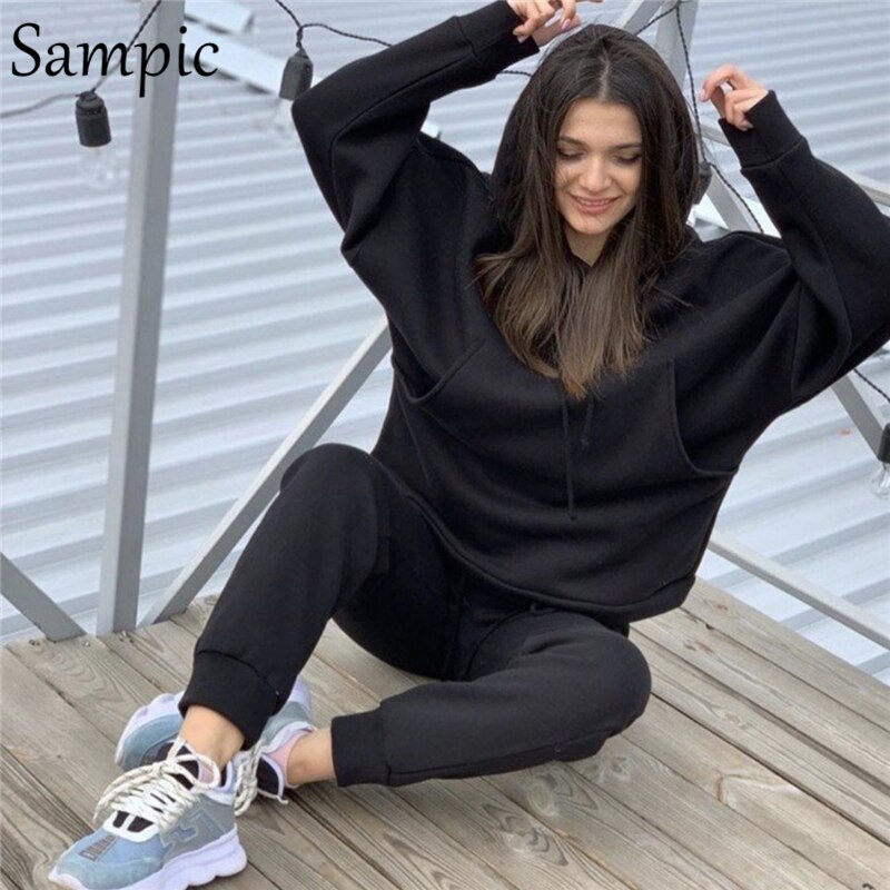 Sampic Autumn Winter Sport Tracksuit Women Hoodies Set Long Sleeve Loose Oversized Shirt Tops And Pants Suit Two Piece Set