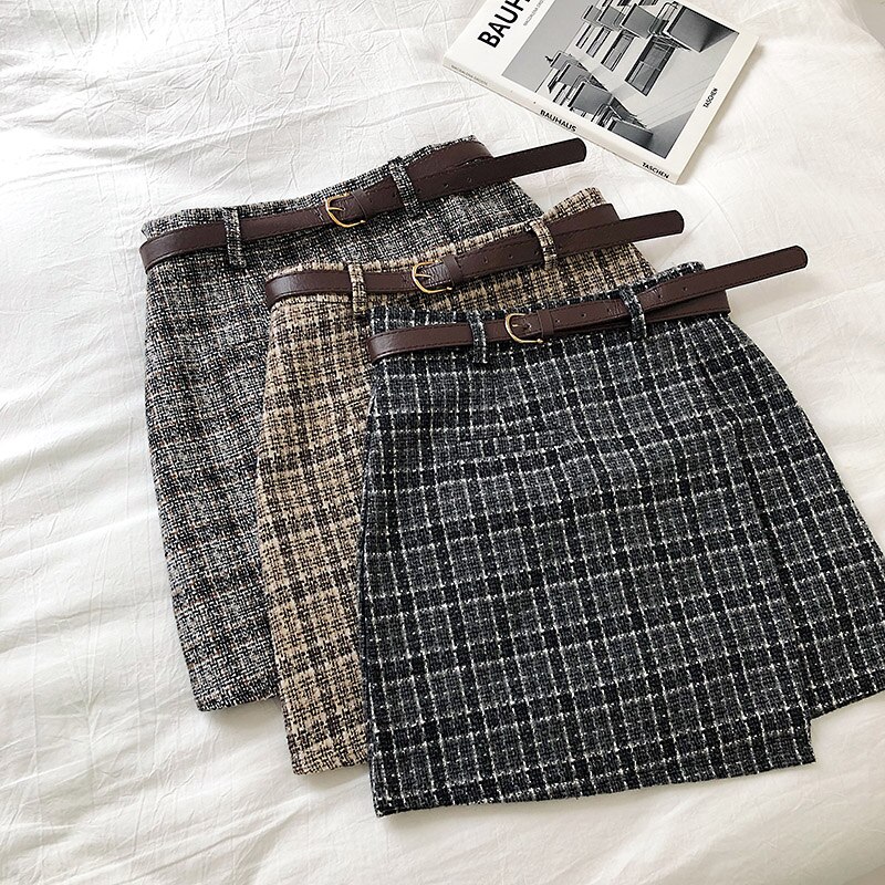 Korean Irregular Lady Skirt Female Autumn Sweet High Waist A-line Mini Skirt Vintage Casual Women Plaid Skirt Chic Sashes