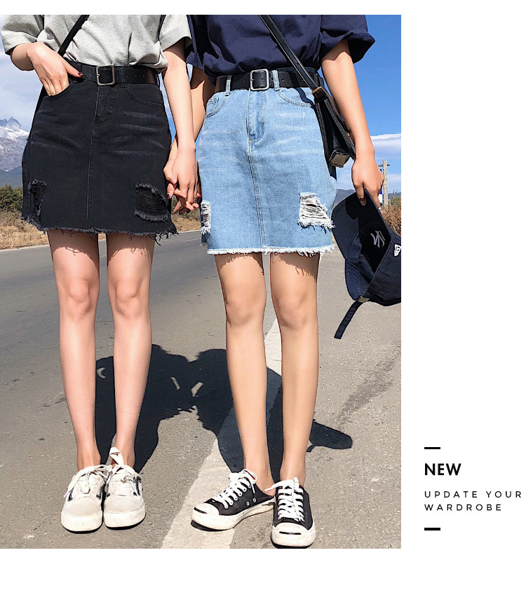 Korean Woman Hole Denim Short Skirt Plus Size High Waist Fashion Black Blue Empire Summer Skirts Over size