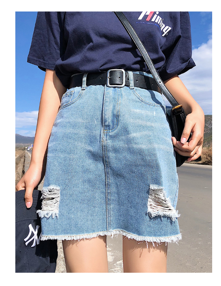 Korean Woman Hole Denim Short Skirt Plus Size High Waist Fashion Black Blue Empire Summer Skirts Over size