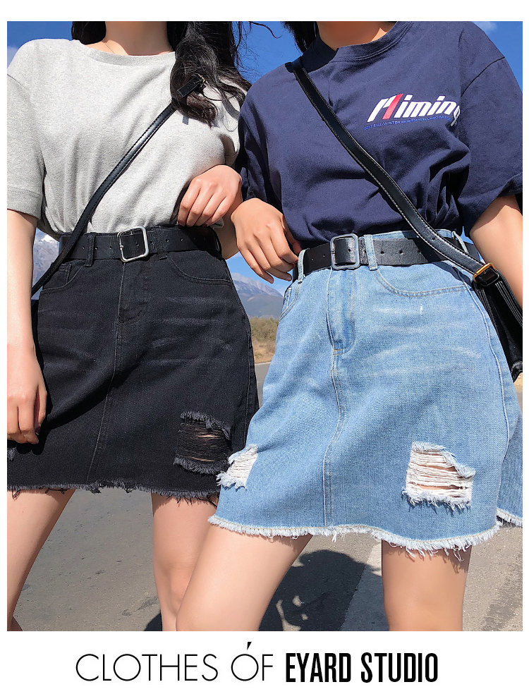 Korean Woman Hole Denim Short Skirt Plus Size High Waist Fashion Black Blue Empire Summer Skirts Over size