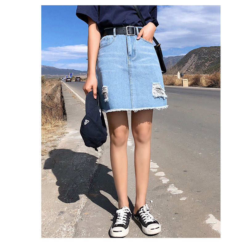 Korean Woman Hole Denim Short Skirt Plus Size High Waist Fashion Black Blue Empire Summer Skirts Over size