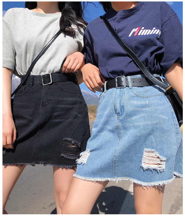Korean Woman Hole Denim Short Skirt Plus Size High Waist Fashion Black Blue Empire Summer Skirts Over size