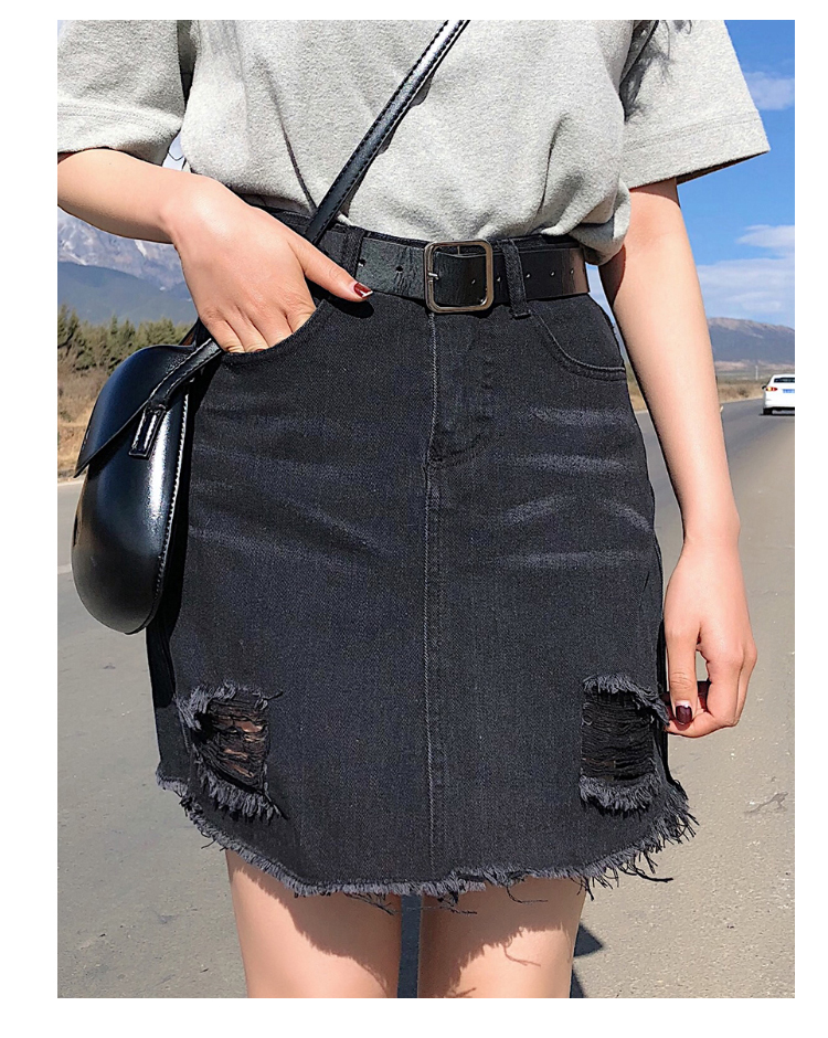 Korean Woman Hole Denim Short Skirt Plus Size High Waist Fashion Black Blue Empire Summer Skirts Over size
