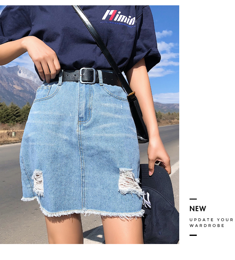 Korean Woman Hole Denim Short Skirt Plus Size High Waist Fashion Black Blue Empire Summer Skirts Over size