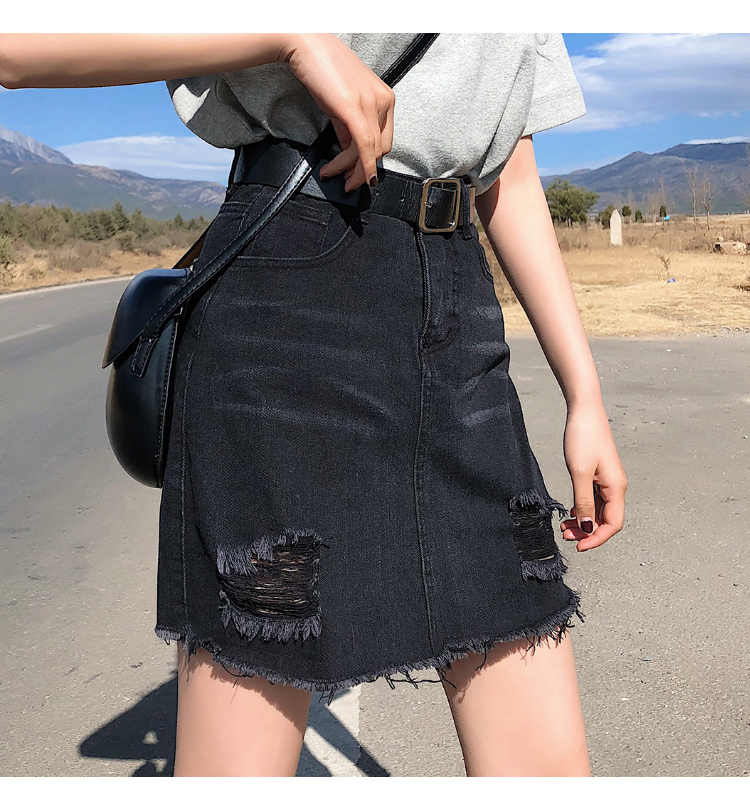 Korean Woman Hole Denim Short Skirt Plus Size High Waist Fashion Black Blue Empire Summer Skirts Over size