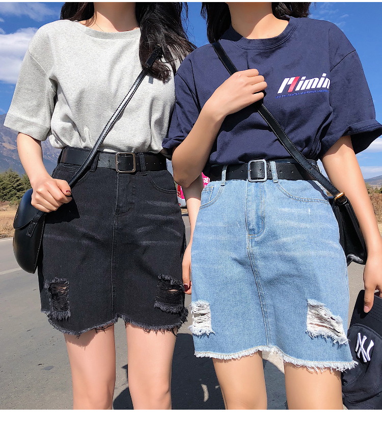 Korean Woman Hole Denim Short Skirt Plus Size High Waist Fashion Black Blue Empire Summer Skirts Over size