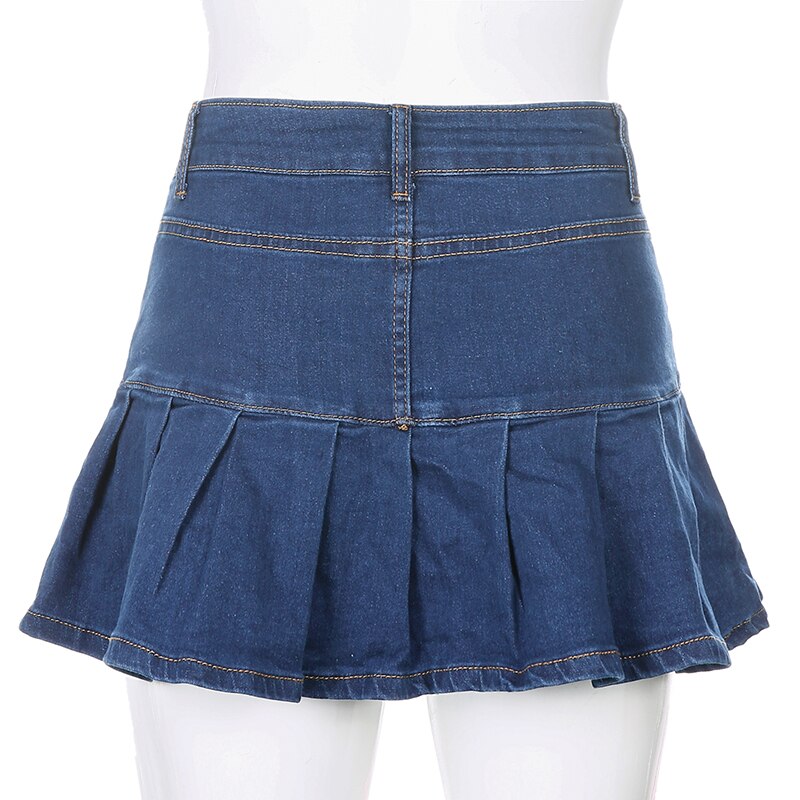 Rapcopter Women Jeans Skirts High Waist Pleated Skirts Zipper Mini Skirts Summer New Pop Streetwear Bottom Y2K Skinny Blue Skirt
