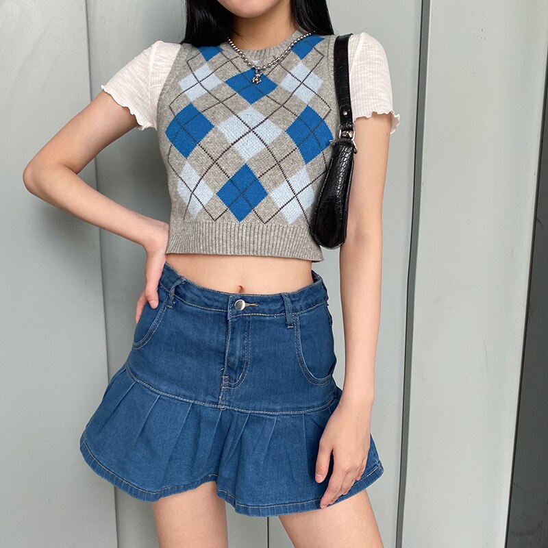 Rapcopter Women Jeans Skirts High Waist Pleated Skirts Zipper Mini Skirts Summer New Pop Streetwear Bottom Y2K Skinny Blue Skirt