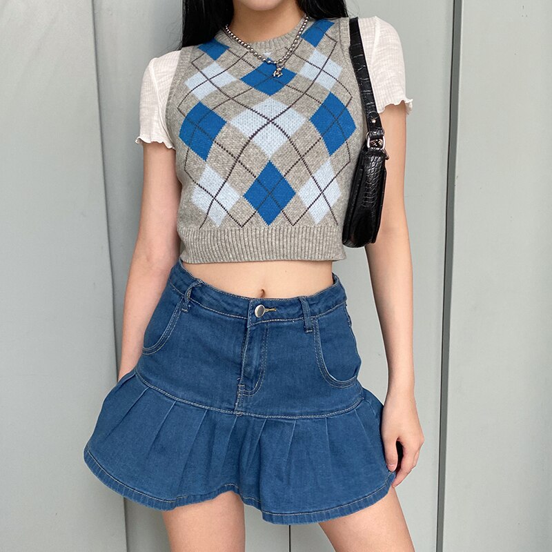 Rapcopter Women Jeans Skirts High Waist Pleated Skirts Zipper Mini Skirts Summer New Pop Streetwear Bottom Y2K Skinny Blue Skirt
