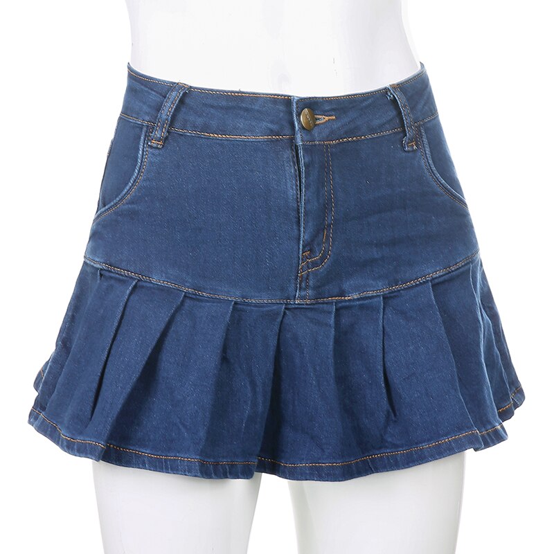 Rapcopter Women Jeans Skirts High Waist Pleated Skirts Zipper Mini Skirts Summer New Pop Streetwear Bottom Y2K Skinny Blue Skirt