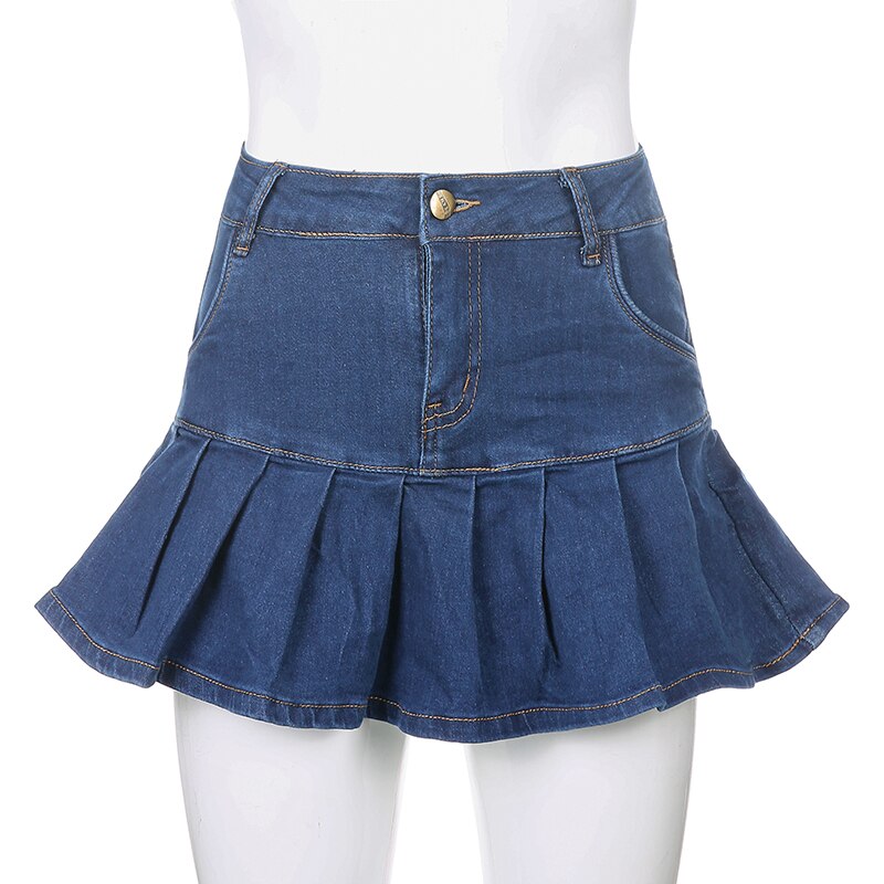 Rapcopter Women Jeans Skirts High Waist Pleated Skirts Zipper Mini Skirts Summer New Pop Streetwear Bottom Y2K Skinny Blue Skirt