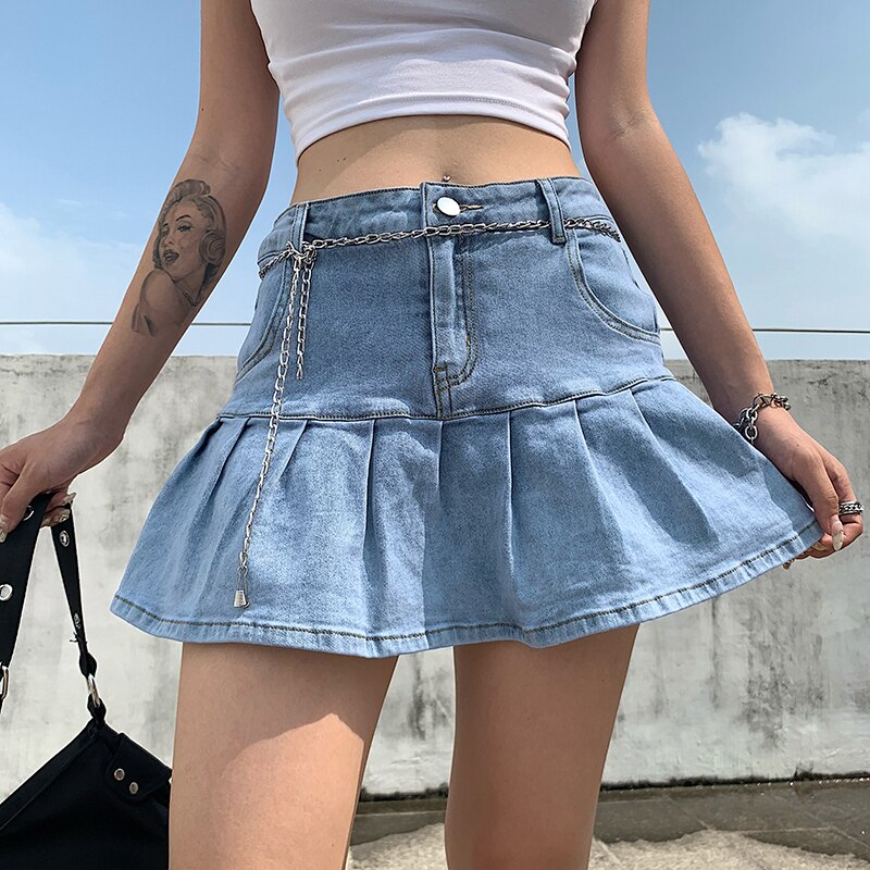 Rapcopter Women Jeans Skirts High Waist Pleated Skirts Zipper Mini Skirts Summer New Pop Streetwear Bottom Y2K Skinny Blue Skirt