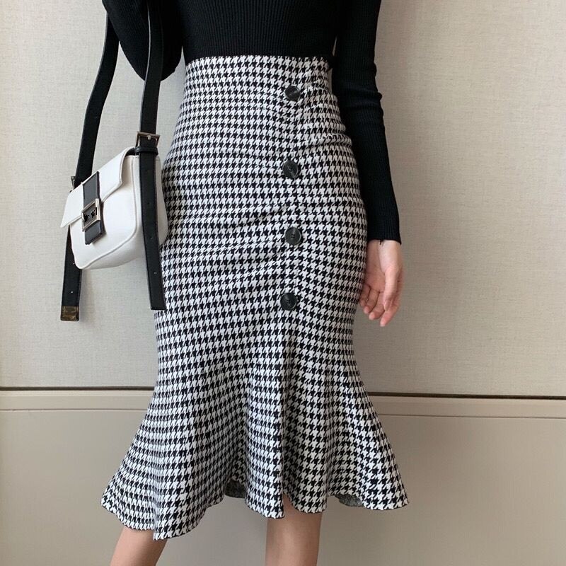 Women Autumn Houndstooth Sweet Trumpet Skirt Female Vintage Long Mermaid Skirts Summer Fashion Skirt Fairy Lady Mid Calf Skirt Women Autumn Houndstooth Sweet Trumpet Skirt Female Vintage Long Mermaid Skirts Summer Fashion Skirt Fairy Lady Mid Calf Skirt