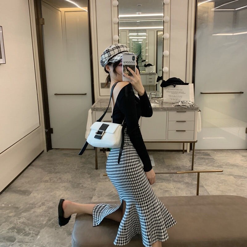 Women Autumn Houndstooth Sweet Trumpet Skirt Female Vintage Long Mermaid Skirts Summer Fashion Skirt Fairy Lady Mid Calf Skirt Women Autumn Houndstooth Sweet Trumpet Skirt Female Vintage Long Mermaid Skirts Summer Fashion Skirt Fairy Lady Mid Calf Skirt