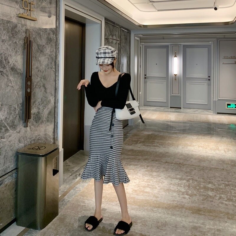 Women Autumn Houndstooth Sweet Trumpet Skirt Female Vintage Long Mermaid Skirts Summer Fashion Skirt Fairy Lady Mid Calf Skirt Women Autumn Houndstooth Sweet Trumpet Skirt Female Vintage Long Mermaid Skirts Summer Fashion Skirt Fairy Lady Mid Calf Skirt