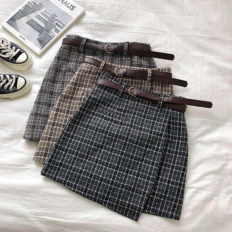 High Waist A-line Mini Skirt Vintage Casual Women Plaid Skirt Chic Sashes Korean style Lady Skirt (Minimum order 100 pieces each design)