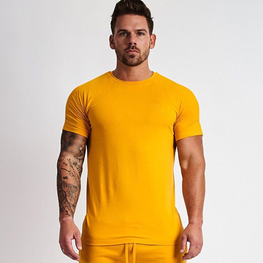 Casual Cotton Solid t shirt Men Gyms Fitness Short sleeve T-shirt Male Bodybuilding Workout Tees Tops Summer New Clothes Apparel