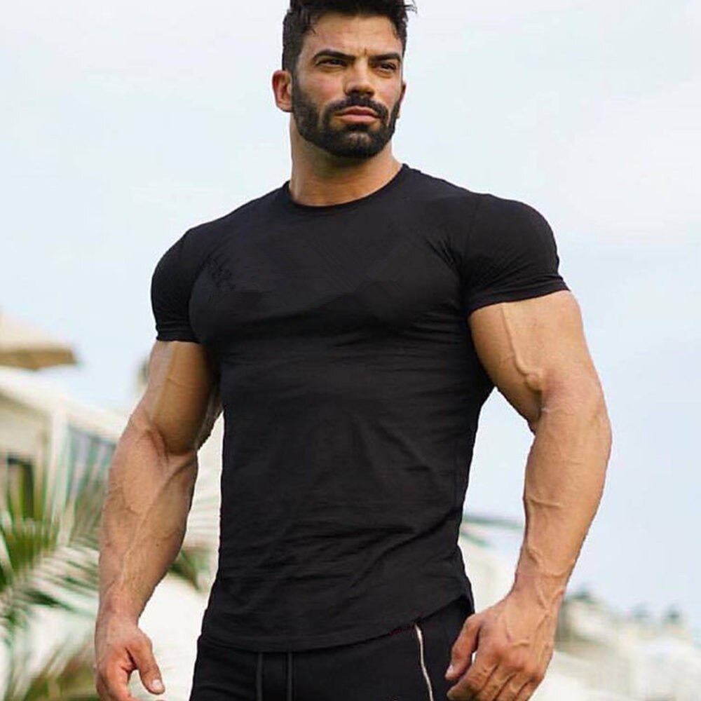 Casual Cotton Solid t shirt Men Gyms Fitness Short sleeve T-shirt Male Bodybuilding Workout Tees Tops Summer New Clothes Apparel
