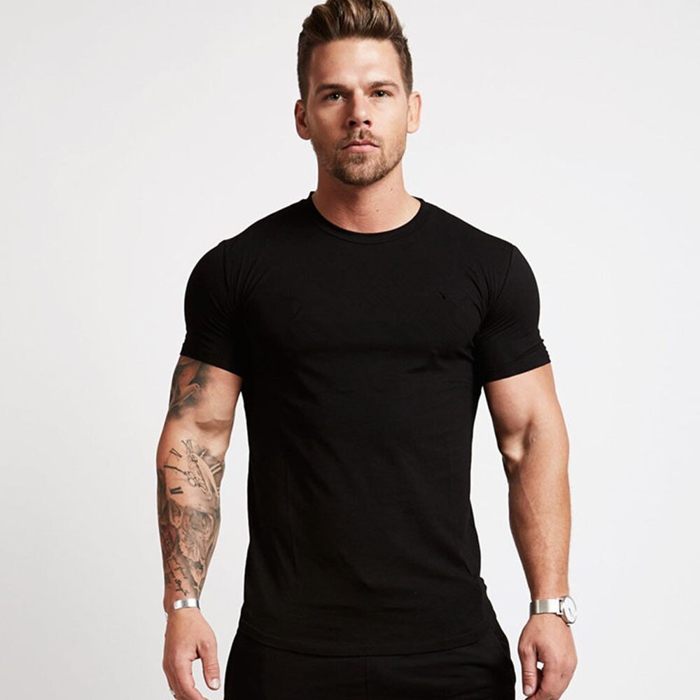 Casual Cotton Solid t shirt Men Gyms Fitness Short sleeve T-shirt Male Bodybuilding Workout Tees Tops Summer New Clothes Apparel