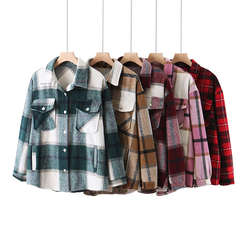 Plaid women oversize woolen shirts (Minimum order 300 pieces each color & design) Plaid women oversize woolen shirts (Minimum order 300 pieces each color & design)