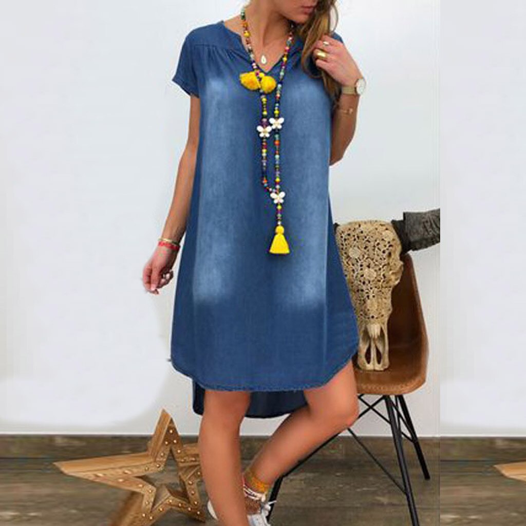 Denim Dress Plus Size Women's NEW Fashion Casual Solid Sexy V Neck Long Party Loose платье Short Sleeve Swing Summer Dress Denim Dress Plus Size Women's NEW Fashion Casual Solid Sexy V Neck Long Party Loose платье Short Sleeve Swing Summer Dress