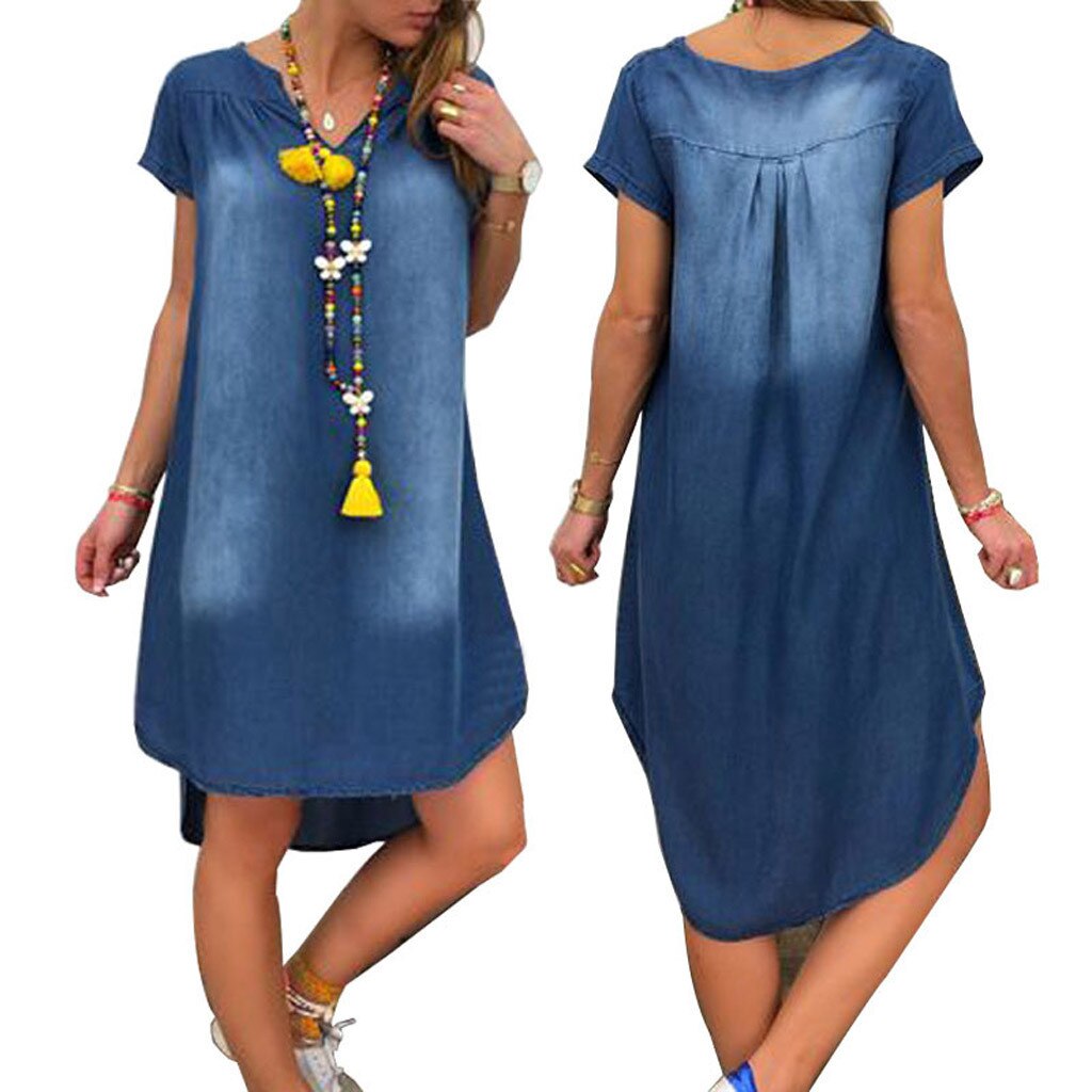 Denim Dress Plus Size Women's NEW Fashion Casual Solid Sexy V Neck Long Party Loose платье Short Sleeve Swing Summer Dress Denim Dress Plus Size Women's NEW Fashion Casual Solid Sexy V Neck Long Party Loose платье Short Sleeve Swing Summer Dress