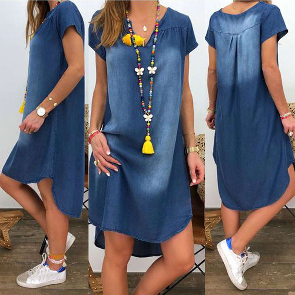 Denim Dress Plus Size Women's NEW Fashion Casual Solid Sexy V Neck Long Party Loose платье Short Sleeve Swing Summer Dress Denim Dress Plus Size Women's NEW Fashion Casual Solid Sexy V Neck Long Party Loose платье Short Sleeve Swing Summer Dress