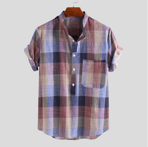 Retro Men's Shorts Sleeve Shirts Mandarin Collar Casual Pullover Half Button Loose Plaid Comfy Shirt For Summer with Pocket
