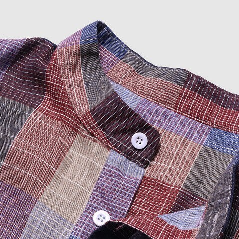 Retro Men's Shorts Sleeve Shirts Mandarin Collar Casual Pullover Half Button Loose Plaid Comfy Shirt For Summer with Pocket