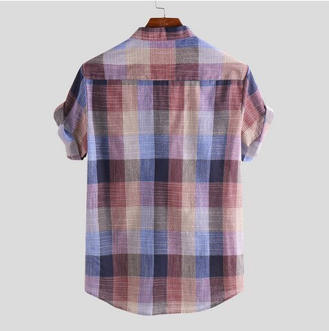 Retro Men's Shorts Sleeve Shirts Mandarin Collar Casual Pullover Half Button Loose Plaid Comfy Shirt For Summer with Pocket