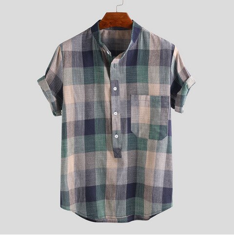 Retro Men's Shorts Sleeve Shirts Mandarin Collar Casual Pullover Half Button Loose Plaid Comfy Shirt For Summer with Pocket