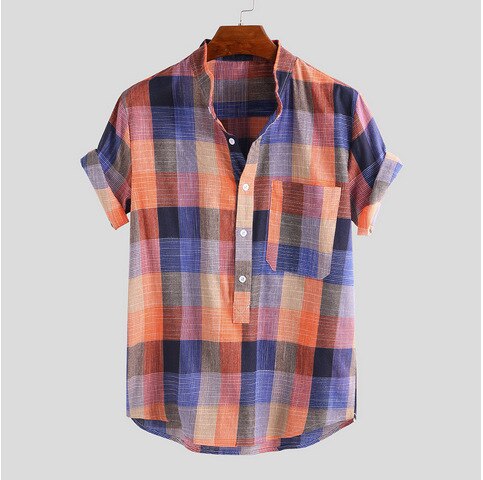 Retro Men's Shorts Sleeve Shirts Mandarin Collar Casual Pullover Half Button Loose Plaid Comfy Shirt For Summer with Pocket