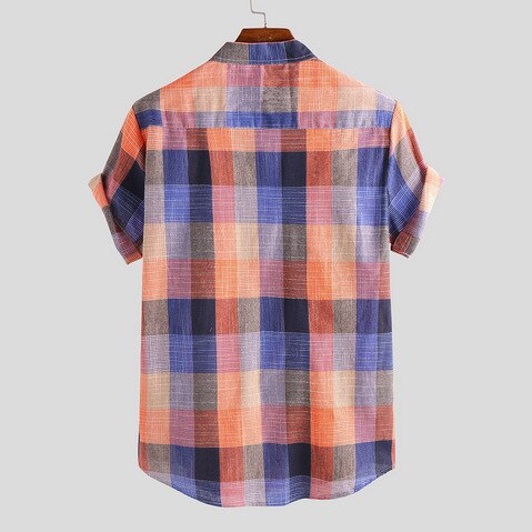 Retro Men's Shorts Sleeve Shirts Mandarin Collar Casual Pullover Half Button Loose Plaid Comfy Shirt For Summer with Pocket