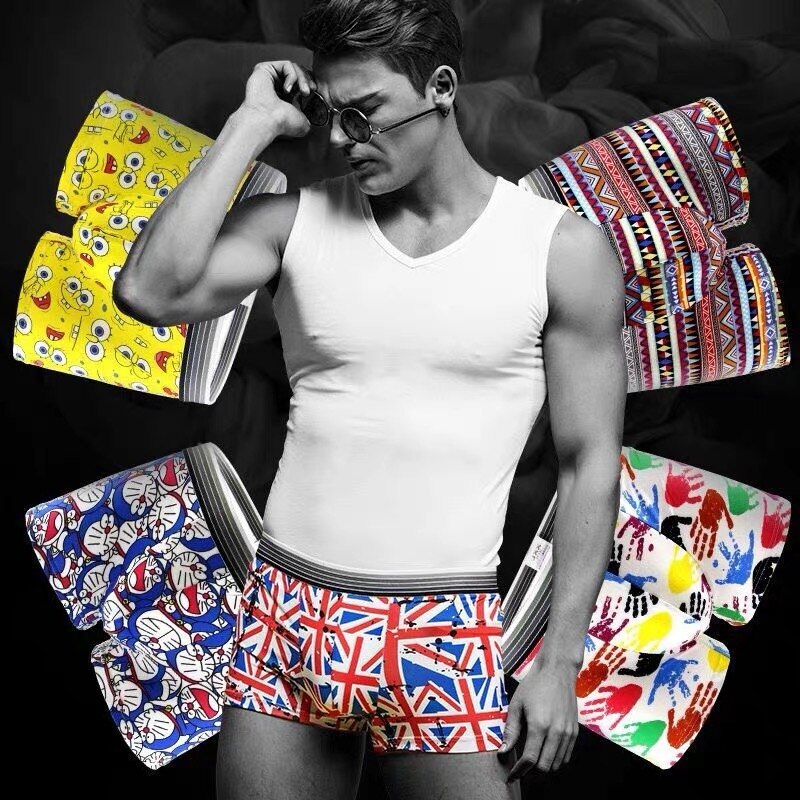 7pcs/lot Lovely Cartoon Print Man Boxers Homme Fashion Silk Underwear Men Comfortable Underpants Soft Breathable Male Panties