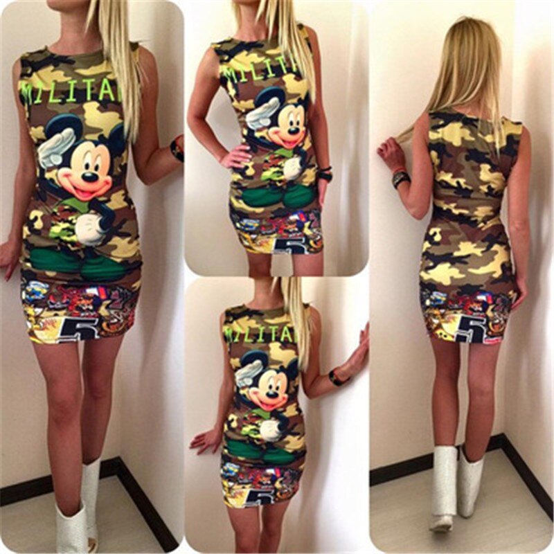 Women's 2019 Hot Sale Elegant sexy bag hip printed camouflage dress Summer 3D Mickey Sleeveless Chic Evening Gown W83 Women's 2019 Hot Sale Elegant sexy bag hip printed camouflage dress Summer 3D Mickey Sleeveless Chic Evening Gown W83