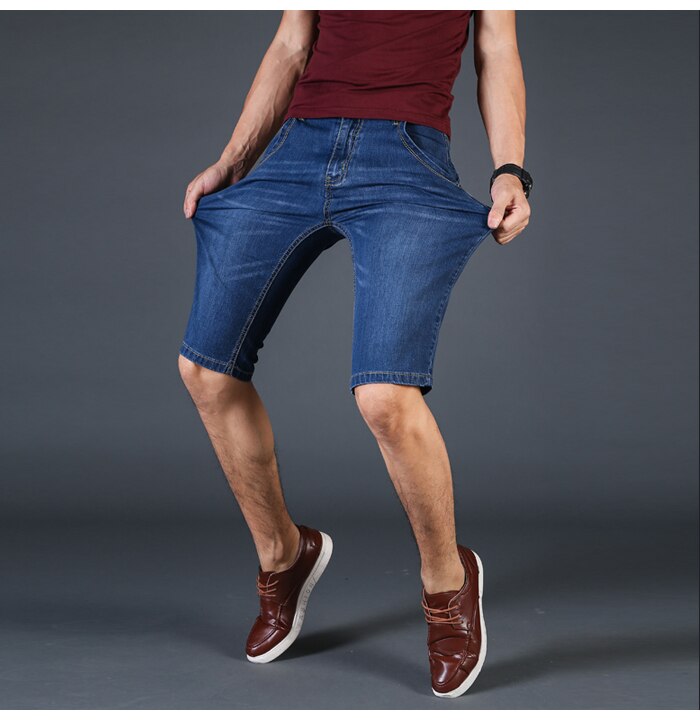 2019Summer Brand Stretch Thin high quality cotton Denim Jeans male Short Men Knee Length Soft blue casual Shorts Plus Size 28-46