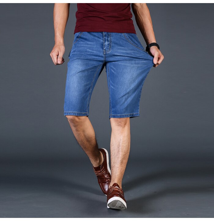 2019Summer Brand Stretch Thin high quality cotton Denim Jeans male Short Men Knee Length Soft blue casual Shorts Plus Size 28-46
