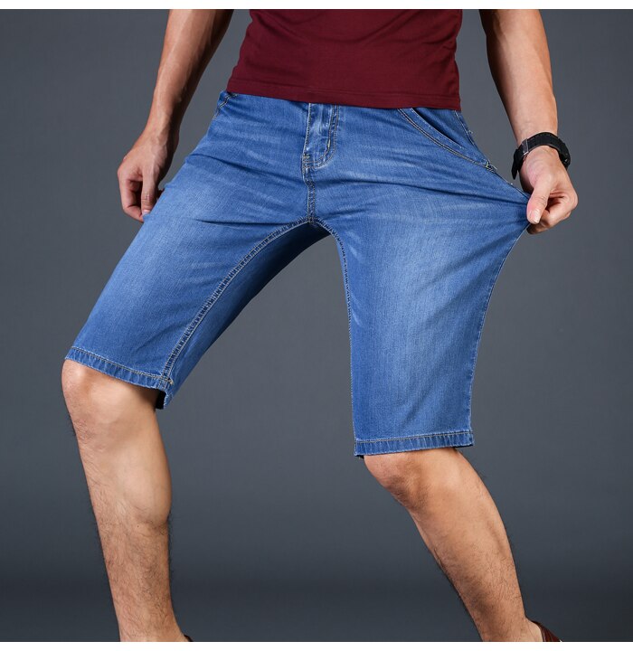 2019Summer Brand Stretch Thin high quality cotton Denim Jeans male Short Men Knee Length Soft blue casual Shorts Plus Size 28-46