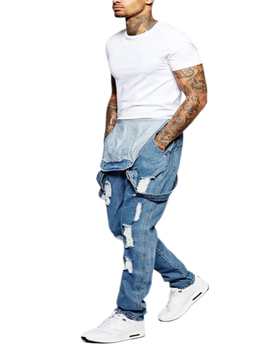2020 Oversize Fashion Men's Ripped Jeans Jumpsuits Shorts Summer Hi Street Distressed Denim Bib Overalls For Man Suspender Pants