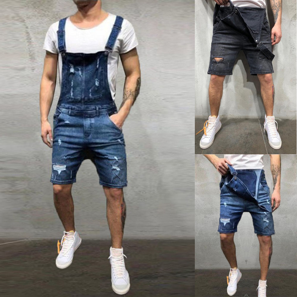 2020 Oversize Fashion Men's Ripped Jeans Jumpsuits Shorts Summer Hi Street Distressed Denim Bib Overalls For Man Suspender Pants