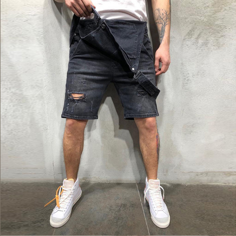 2020 Oversize Fashion Men's Ripped Jeans Jumpsuits Shorts Summer Hi Street Distressed Denim Bib Overalls For Man Suspender Pants